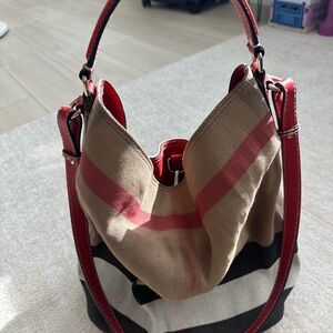 Burberry Tan Canvas Crossbody with Red Trim